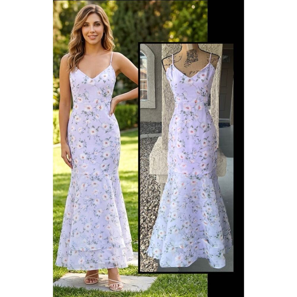Lulus Pure Splendor Lavender Floral Organza Trumpet Maxi Dress Size L